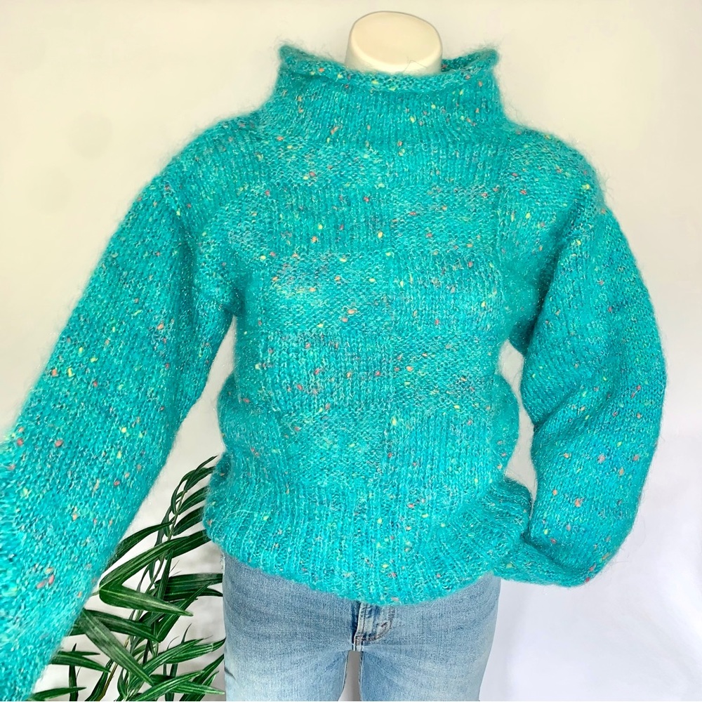 f u z z y :: Vintage Mohair Slouchy Turquoise Handmade Knit Sweater - Picture 7 of 14